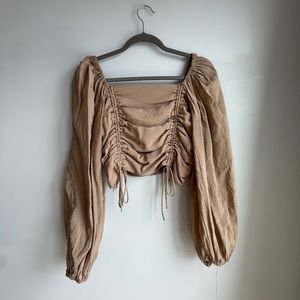 HYFVE Puff Sleeve Ruched Brown Crop Top L